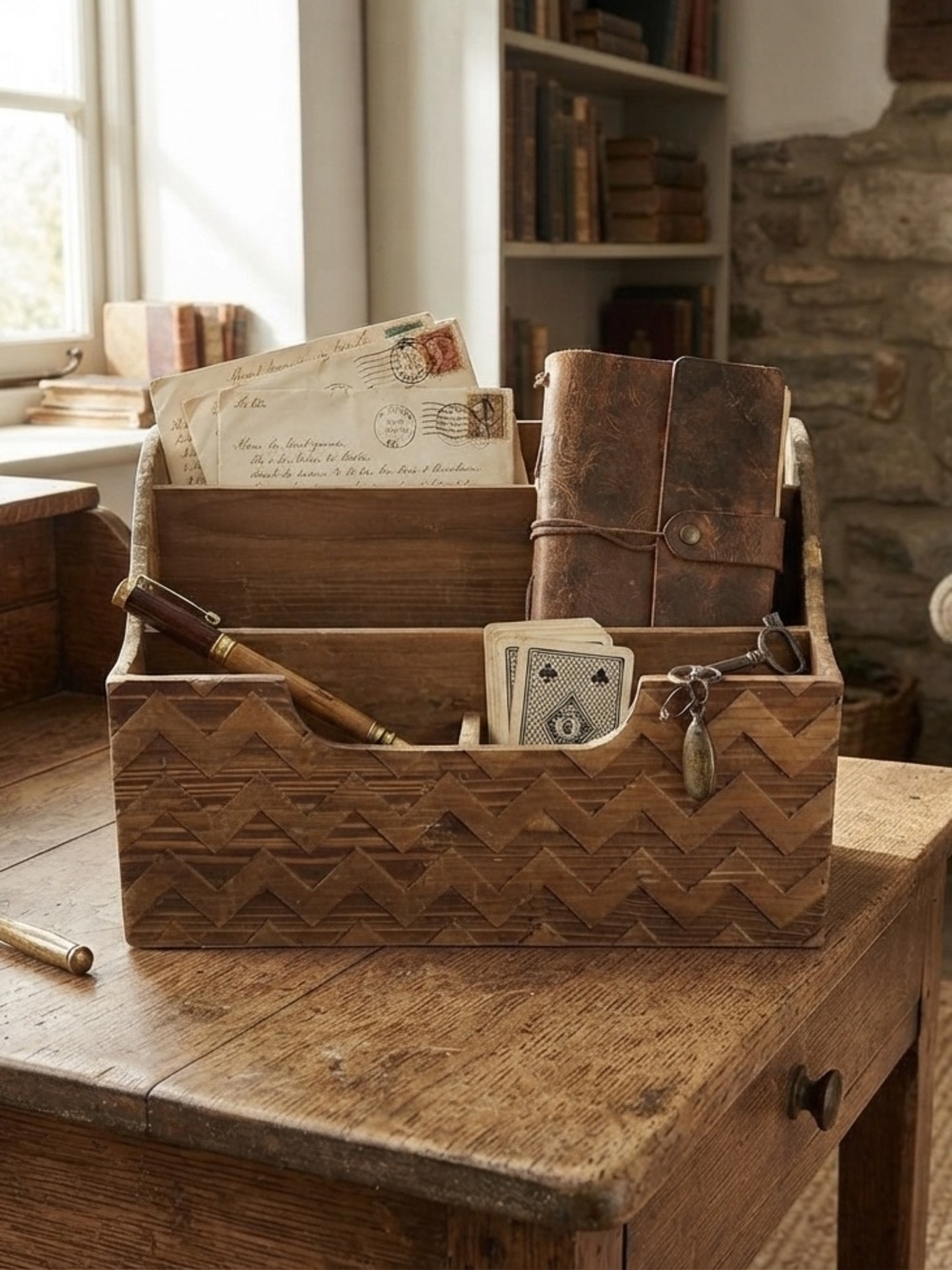 Rustic Vintage Wooden Organizer with Chevron Pattern